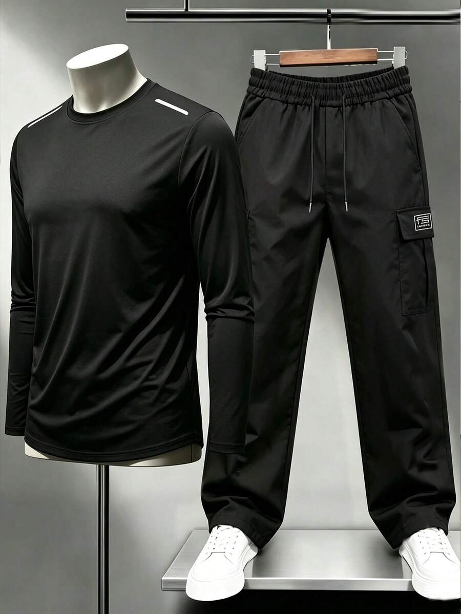 Men's Fashion Minimalist Long Sleeve T-Shirt & Cargo Wide Leg Pants 2-Piece Casual Set - Black - View 1