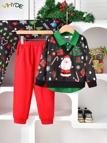 Vihyde Young Boys Christmas New Arrival 2 Pieces Outfit, Santa Candy Cane Print Spliced 2 In 1 Polo Shirt & Jogger Pants Set - Red - View 3