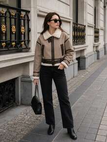 Women Retro Loose Spliced Faux Leather Soft Fur Short Jacket Winter Female Zipper Belt Coat Vintage Outwear - Khaki - View 7