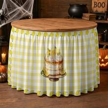 1pc Yellow Plaid With Lemon Pattern Ruffle Table Skirt, Suitable For Garden Tea Party, Camping Party, Birthday Party, Wedding Dessert Table, Bridal Shower Buffet Table, Housewarming Party, Event Display Tablecloth Decoration - A - View 3