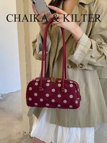 CHAIKA & KILTER 1pc Colorblock Matte Suede Fabric Shoulder Bag Women's Fashion Large Capacity Bowling Bag All-Over Polka Dot Pattern Dual Handle Design Zipper Closure Suitable For Daily And Street Use - Red - View 6