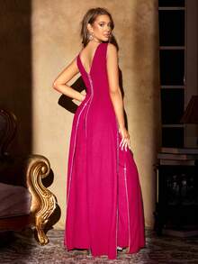 Diamond Chain Decor Deep V-Neck Sleeveless Split Leg High-End Evening Skort - Hot Pink - View 2