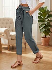 Plus Size Women's Solid Color Minimalist Button-Up Long Pants, Everyday Wear - Dark Grey - View 3