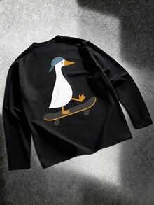 Herrarnas coola långärmade t-shirt med skateboard- och ankgrafiktryck, avslappnad och bekväm - Svart - Visa 2