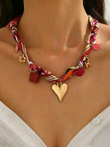 1 Vintage Elegant Versatile Creative Design Metal Heart Flower Geometric Round Square Pendant Scarf Necklace Suitable - Multicolor - View 1