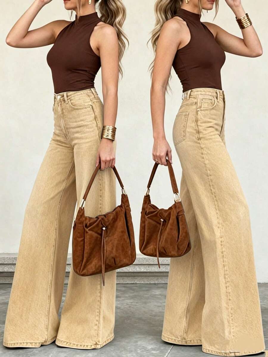 性感可愛女款寬腿牛仔褲,寬鬆長版設計,鈕扣與拉鍊開合,中彈力面料,適合秋季休閒外出 - 土黃 - 查看 1