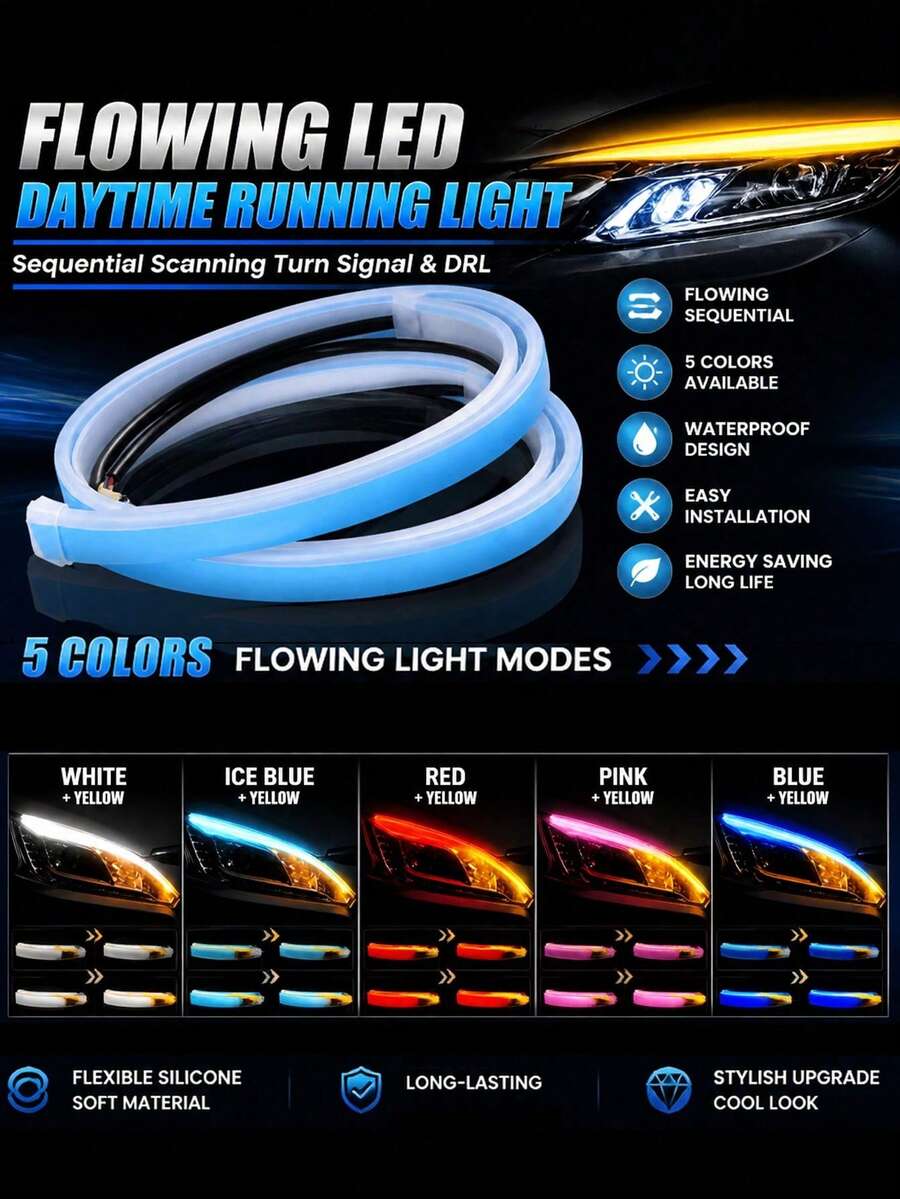 1 Pair Car LED Daytime Running Lights - 12V, Sequential Turn Signal, Compatible, Bright Yellow Flowing Light Design, Enhance Safety And Style