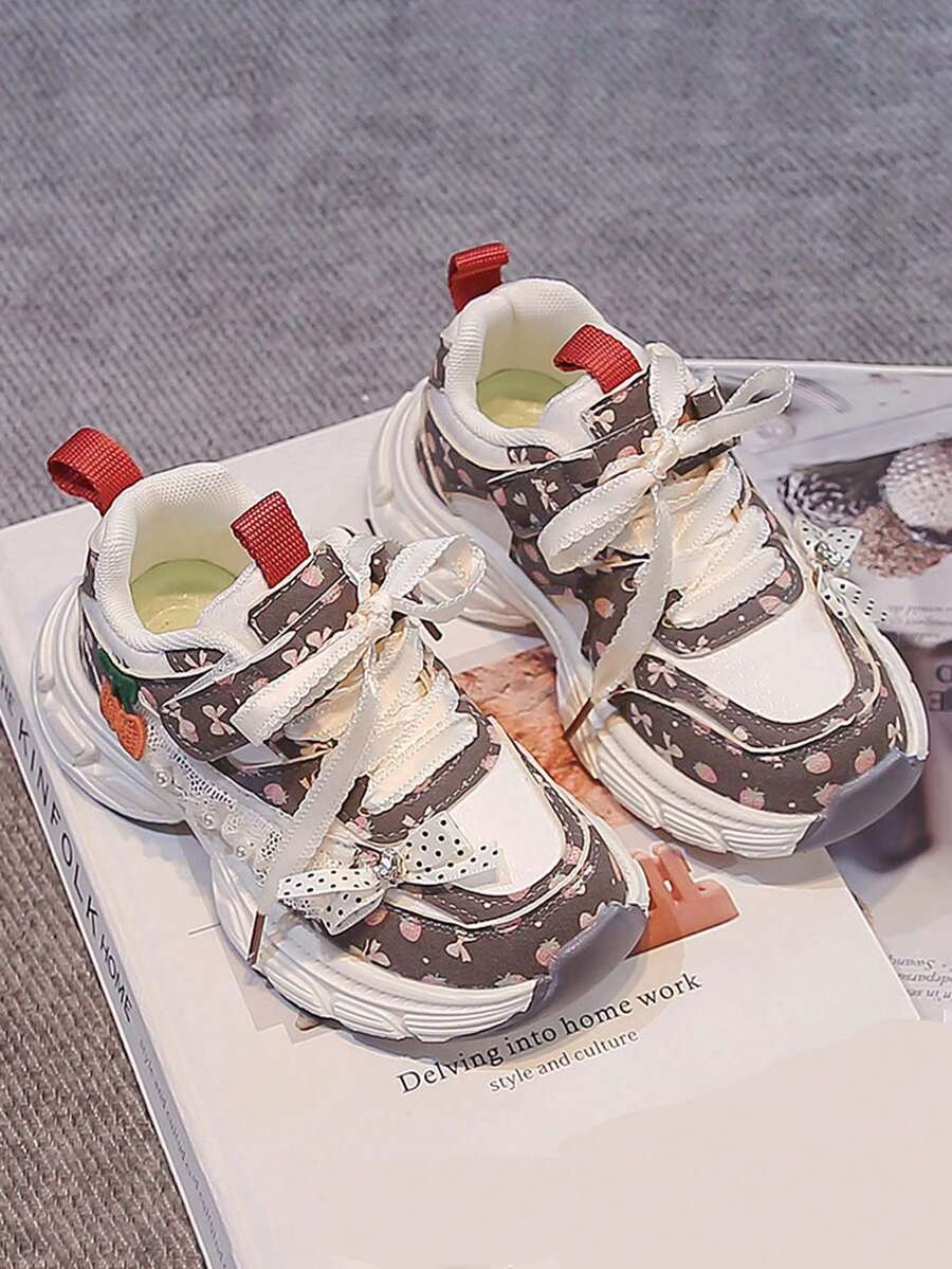 Sepatu Olahraga Anak Perempuan Motif Bunga Manis, Sepatu Sneakers Tebal Ringan dengan Perekat Velcro. - Merah - View 1
