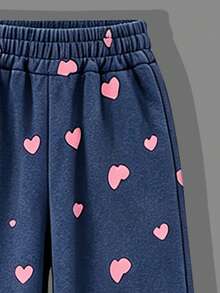 Tween Girl Casual Bowknot Minimalist Print Crew Neck Sweatshirt & Heart All-Over Print Loose Wide Leg Pants 2-Piece Set, Suitable For Spring/Autumn, School, Shopping And Sports - Baby Blue - View 7