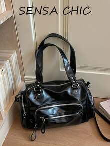 Bolso Tote de tela brillante desgastada con múltiples bolsillos y detalle de cremallera, estilo relajado y casual, gran capacidad holgada, adecuado para ir al trabajo, compras, viajes y salidas, diseño vintage de nicho horizontal - Negro - Ver 8