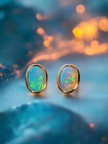 Tsnamer Minimalist Oval Opal Stud Earrings, White Opal Gemstone, Simple Geometric Jewelry, Fire Opal Mother's Day Gift - Yellow Gold - View 4