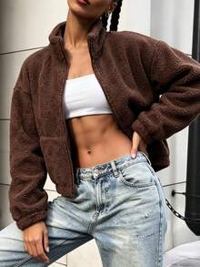 Women's Autumn/Winter/Spring Casual Zip-Up Lamb Fleece Wool Short Jacket, Fashion Solid Color Teddy Top, Slim Fit Sweatshirt For Outdoor, Fitness And Sports - Brown - View 6