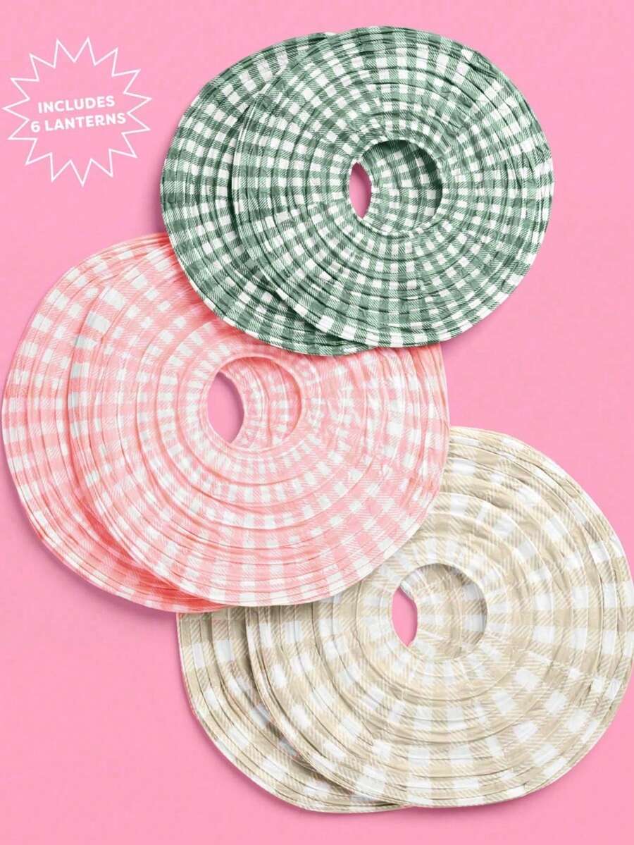 6pcs Colorful Plaid Round Paper Lanterns, Suitable For Bachelorette Party, Birthday Party, Outdoor Activities, Camping, Wedding, Home Decor - Multicolor - View 1
