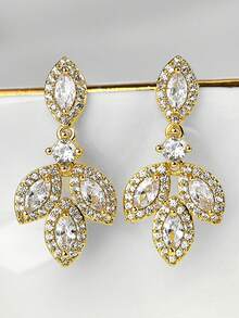 rakol 2pcs Elegant Cubic Zirconia Stud Earrings With Leaf Design, Suitable For Brides And Weddings - Silver - View 9