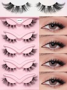 ENCHUW 5 Pairs Messy Natural Cat Eye Lashes Clear Band Lashes Cat Eye Look Wispy Lashes Eye End Elongated Full Strip Soft Natural False Eyelashes - Black - View 1