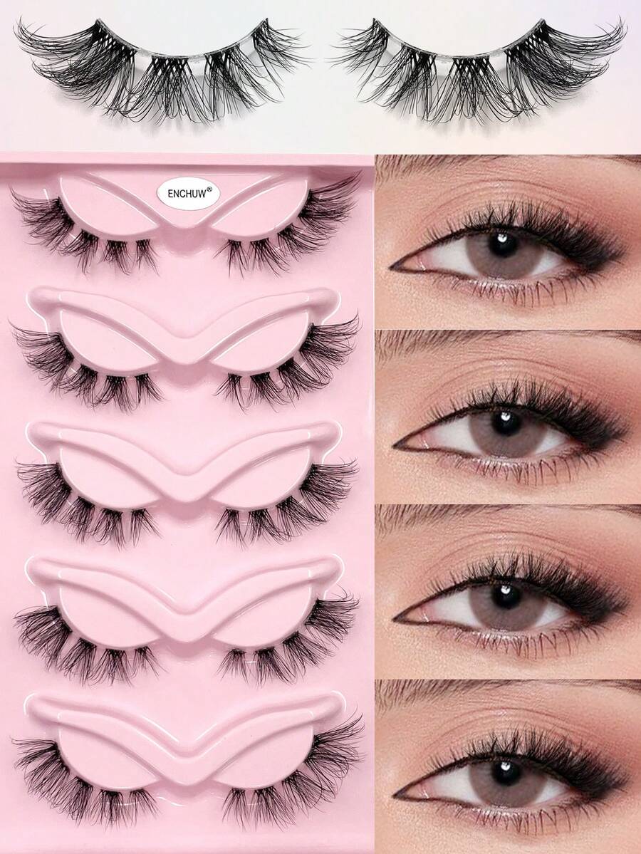 ENCHUW 5 Pairs Messy Natural Cat Eye Lashes Clear Band Lashes Cat Eye Look Wispy Lashes Eye End Elongated Full Strip Soft Natural False Eyelashes - Black - View 1