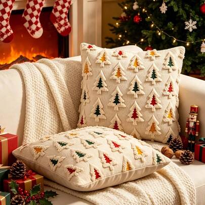 COOKCOK 1/2 buah Sarung Bantal Mewah Bordir Pohon Natal Warna-warni 3D Ukuran 18x18 Inci Gaya Skandinavia Minimalis Lucu Vintage Lembut dan Nyaman, Cocok untuk Dekorasi Pesta Liburan Natal, Ruang Tamu, Kamar Tidur, Sofa, Isian Bantal Tidak Termasuk