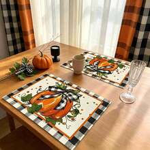 1/4/6pcs Autumn Series Black & White Plaid Bow & Pumpkin Pattern Printed Placemats, Heat Resistant Table Mat For Home Kitchen, Table Protection, Kitchen Dining Table, Party Decor - Multicolor - View 3