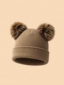 1PC Kids Solid Color Double Pom Pom Basic Cuffed Knit Hat, Multiple Color Options For Fashion Matching, Soft And Elastic Suitable For Autumn/Winter Multiple Occasions, Fits Both Boys And Girls - Multicolor - View 24