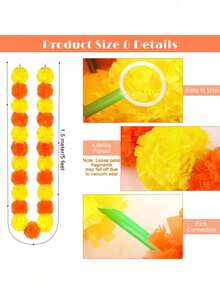 1/2/5pcs Artificial Marigold Wreath Orange & Yellow Mixed Faux Marigold Garland Flower String Crepe‑Petal Strand Hanging Garland For Pooja Toran Temple Decor Mexican Party Backdrop Halloween Wall Hanging Backdrop Arch Garland - Yellow Orange - View 11