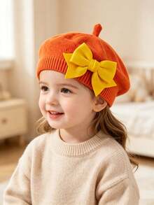 1pc Baby Bow Beret | Painter Hat Cute Baby Hat Suitable For Travel And Outing Lightweight Polyester Knit Fabric Mixed Color All-Season Wear - Multicolor - View 2