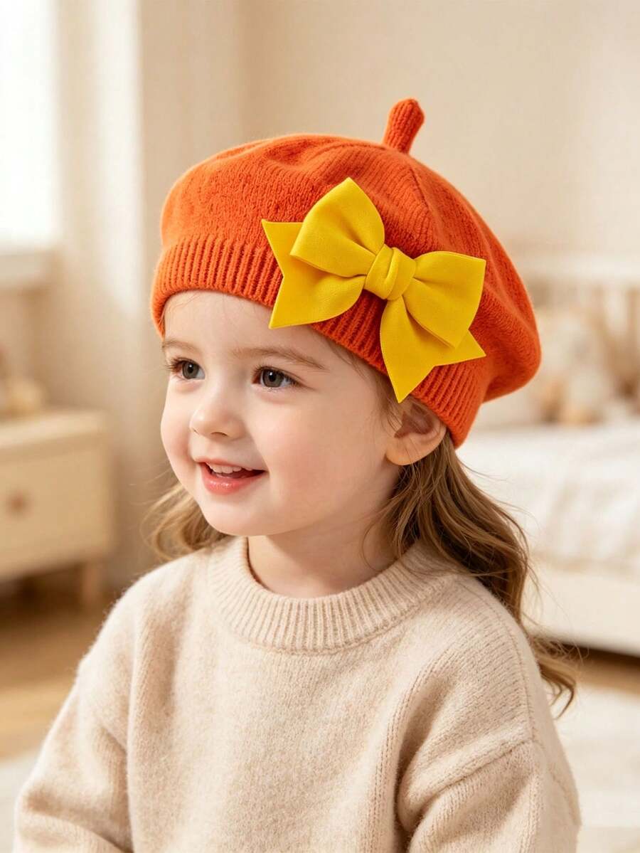 1pc Baby Bow Beret | Painter Hat Cute Baby Hat Suitable For Travel And Outing Lightweight Polyester Knit Fabric Mixed Color All-Season Wear