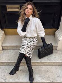 Aflion Women Fall Zebra Print Midi Pencil Skirt, High Waist Back Split Bodycon Skirt For Daily Party Halloween Casual Outfits - Black and White - View 8