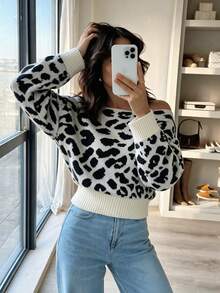 Elestia Women's Chic Elegant Leopard Print Off-Shoulder Pullover, Casual Y2k School Streetwear Outing Vacation Music Festival Sweater, Fall Winter - Multicolor - View 8