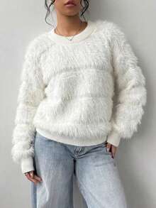 Girls Elegant Solid Color Faux Mink Fur Round Neck Sweater Long Sleeve Knit Pullover Suitable For Daily Casual Spring Autumn Winter - White - View 3