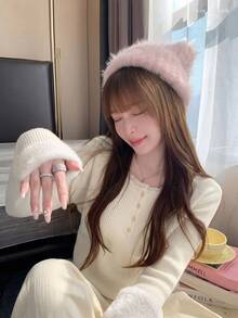 Sweater Rajut Lengan Panjang Kancing Patchwork Renda Gaya Minimalis Seksi Musim Gugur/Dingin Hangat Leher Bulat Lengan Panjang untuk Wanita Desain One-Piece Musim Gugur - Aprikot - View 6