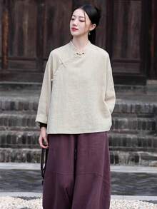 LUCIDVUE 1pc Women's Tang Suit Top Spring Summer Vintage Asymmetrical Collar Linen Shirt Hanfu Asymmetrical White Tea Ceremony Thin Outerwear Casual - Apricot - View 8