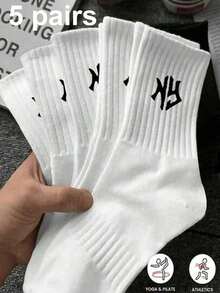 1/5 Pairs Men's White Letter Minimalist Socks, Sweat-Absorbent & Breathable, Mid-Calf Socks For Daily Wear, Running & Sports, Couple Socks, Unisex, Suitable For All Seasons - White - View 8
