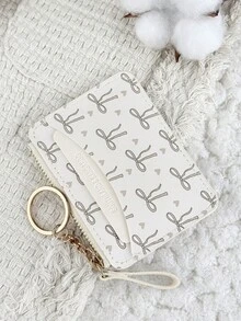 Pink Bow Print Chain Keychain Wallet Compact Purse With Zipper Multiple Card Slots Coin Cash Compartment Unisex Daily Use Travel Gifting Card Holder - Light Grey - View 4