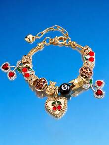 1pc Woman Leopard Print Beaded Bracelet With Heart Cherry Pendant, Adjustable And Detachable DIY String Bracelet, Holiday Gift - Multicolor - View 7