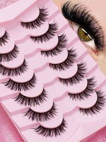 7 Pairs Fluffy Thin Natural Long False Eyelashes, Full Length Winged Strip Lashes, Lightweight And Reusable, Suitable For Daily, Wedding And Holiday Makeup - Black - View 1