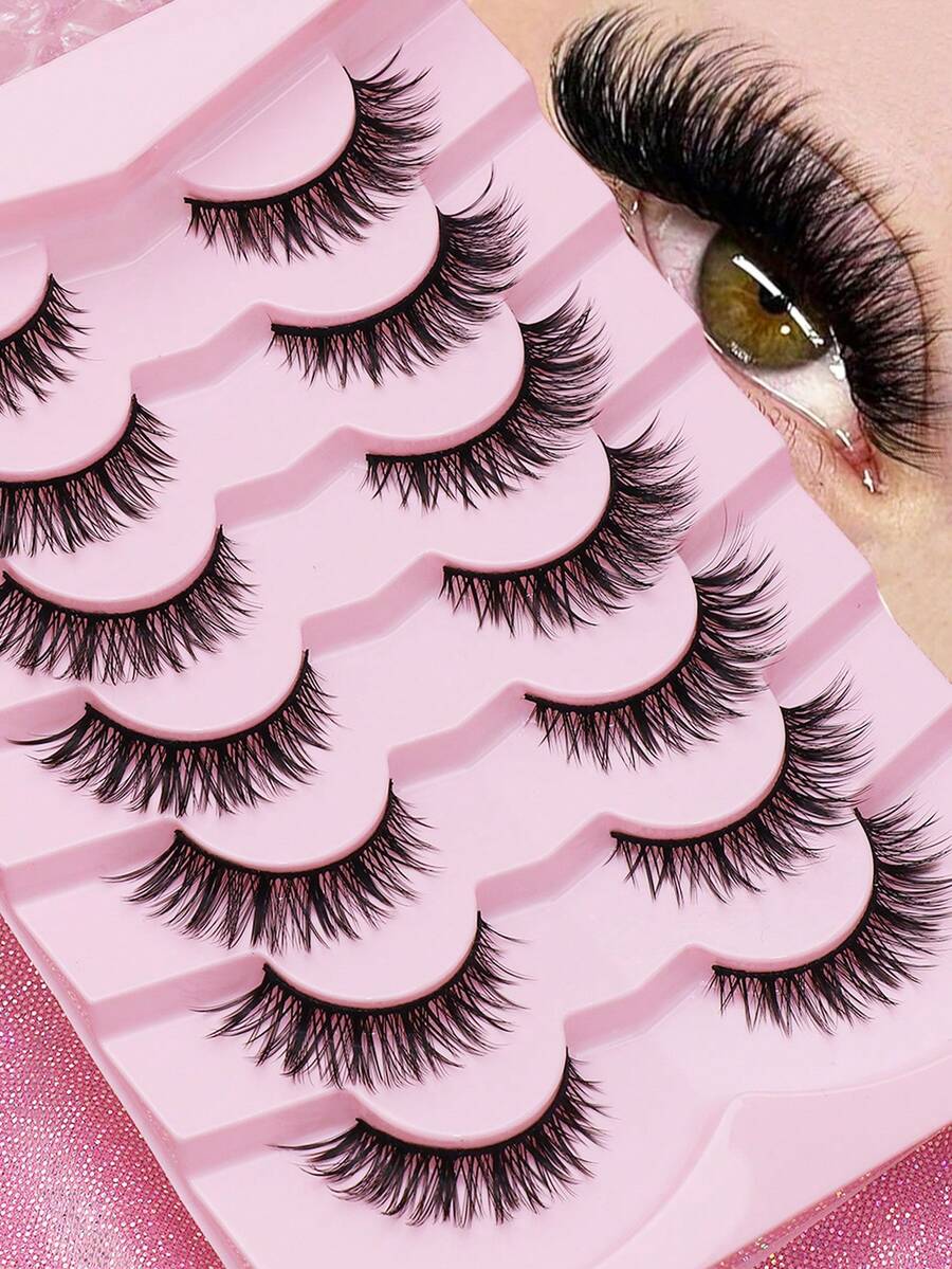 7 Pairs Fluffy Thin Natural Long False Eyelashes, Full Length Winged Strip Lashes, Lightweight And Reusable, Suitable For Daily, Wedding And Holiday Makeup - Black - View 1