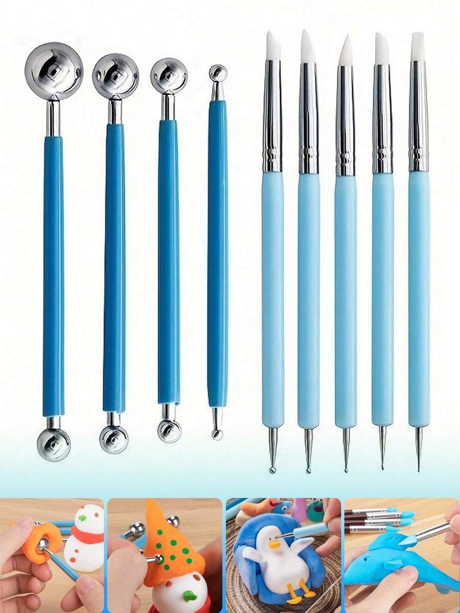 9Pcs Silicone Clay Sculpting Tools, Double-Ended Tools, Rubber Handle Ball Stylus, DIY Silicone And Ceramic Clay Indentation Tools, Ceramic Clay Ball Stylus Dotting Tools, Suitable For Shaping, And Pottery Embossing Tools - Multicolor - View 1