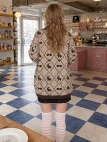 Women's Autumn/Winter Casual Vintage Style All-Over Pattern V-Neck Cardigan Sweater - Khaki - View 2