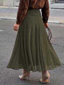 Yepolly-Pop Women's Spring/Summer High Waist Ruched A-Line Flowy Maxi Skirt, Olive Green, Paris Street Style Elegant Back-To-School Outfit - Green - View 5