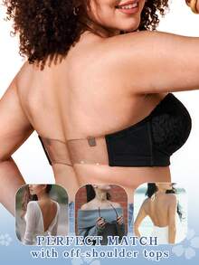 1pc Women's Plus Size Bandeau Bra, Lace Cup, Ruched Design, Front Buckle Invisible Strap Bandeau Bra, Comfortable Lift, Seamless Fit - Black - View 1