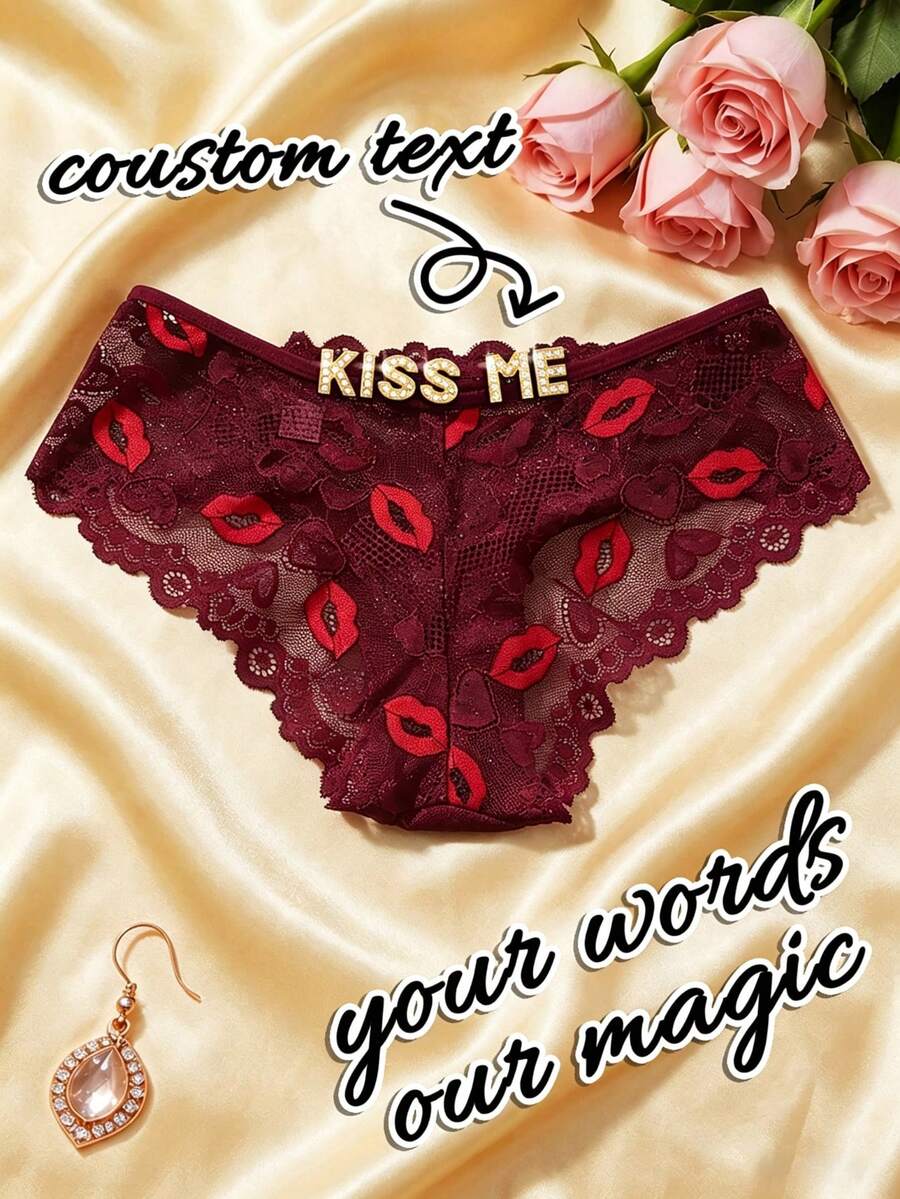 1 chiếc quần lót dây ren sexy tùy chỉnh đính chữ pha lê, quà tặng Valentine cho bạn gái - Đỏ - Xem 1