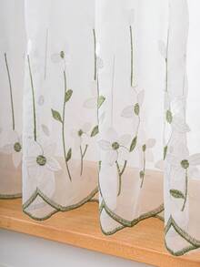 1pc Fresh Floral Embroidered Coffee Curtain, Kitchen Small Window Curtain, Suitable For Kitchen Cabinet, Bay Window, Door Curtain Divider, Home Decor - Mint Green - View 9
