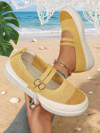 Women Boho Yellow Knit Fisherman Shoes,Round Closed‑Toe Design,Dual‑Buckle Mary Jane Straps,Woven Texture Platform Comfort Slip‑On Casual Women Flats