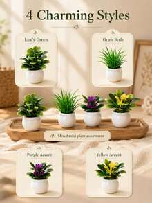 4pcs Mini Artificial Potted Plants, Resin Bonsai Faux Greenery With Square Flower Pots, 3.5cm Miniature Plant Decor, Suitable For Office Desk, Home Decoration, Bedside Table, Bookshelf, Dormitory, Living Room And Small Space Decoration - Default - View 4