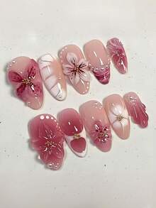 24 Pieces Of Medium-Sized Almond-Shaped Protective Armor, With A 3d Three-Dimensional Flower Pink Gradient Design, Featuring Water Droplet Details, An Elegant Shiny All-Over Style, Suitable For Women's Daily Wear. - Multicolor - View 2