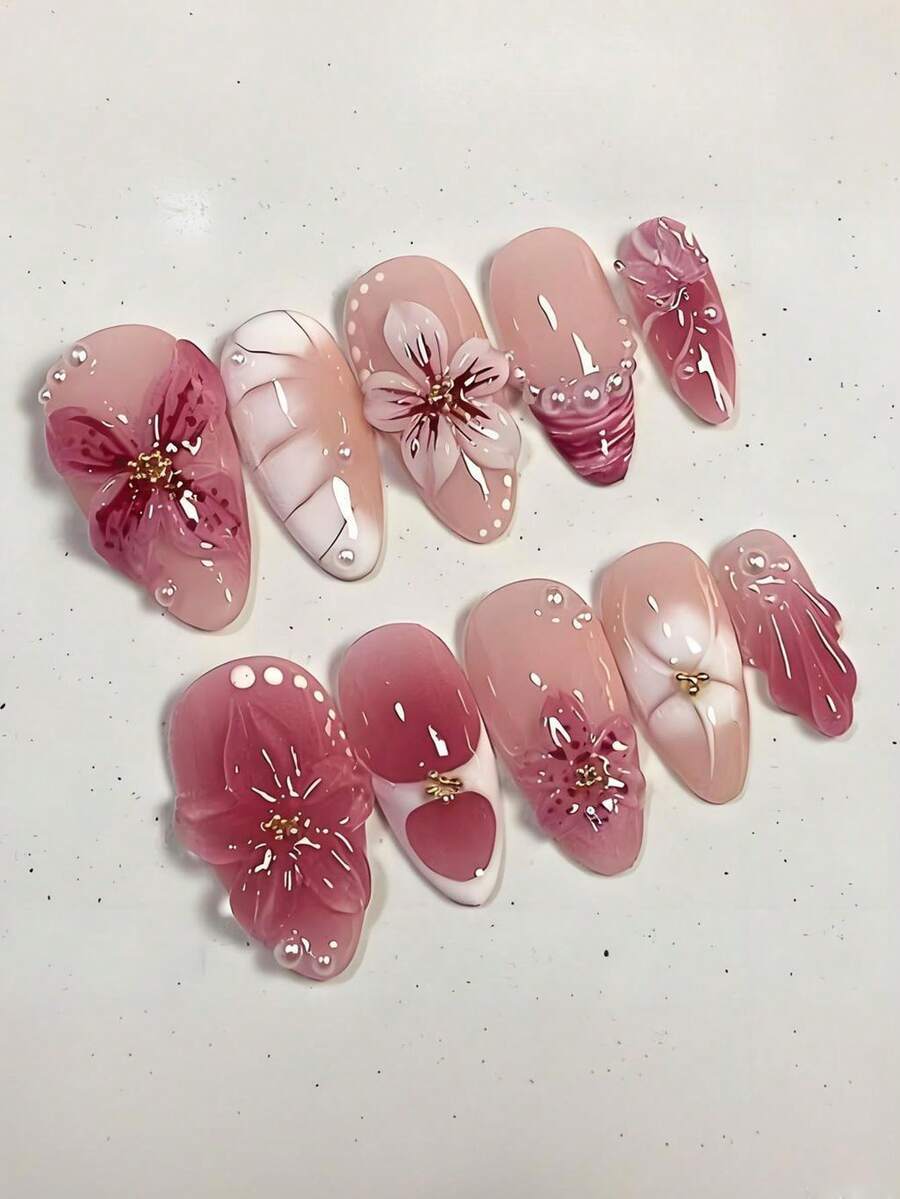 24 Pieces Of Medium-Sized Almond-Shaped Protective Armor, With A 3d Three-Dimensional Flower Pink Gradient Design, Featuring Water Droplet Details, An Elegant Shiny All-Over Style, Suitable For Women's Daily Wear. - Multicolor - View 1