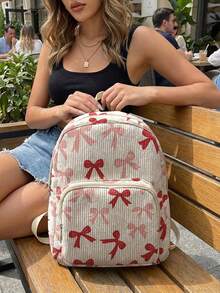 1 Piece Backpack, Women's Mini Backpack, Corduroy Girl's School Bag, Travel Storage Bag, Bow‑Printed Design, Large‑Capacity Foldable Easy‑To‑Store Bag, Lightweight And Pressure‑Relieving, Multi‑Pocket Layered Design With Zipper Closure - Red Bow 44342 - View 7