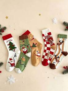 3/5 Pairs Random Style Christmas Mid-Calf Socks, Santa Claus Christmas Tree Gingerbread Man Reindeer Jacquard Casual Socks, Unisex Holiday Gift Socks - Multicolor - View 8
