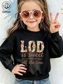 Girls' Cotton Top, Printed, Comfortable, Relaxed-Fit Dropped-Shoulder Sweatshirt, Round-Neck Oversized Sweatshirt - Black - View 4