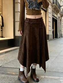 休閒優雅不對稱人造麂皮裙，秋冬款，小碼女款 - 咖啡棕 - 查看 4